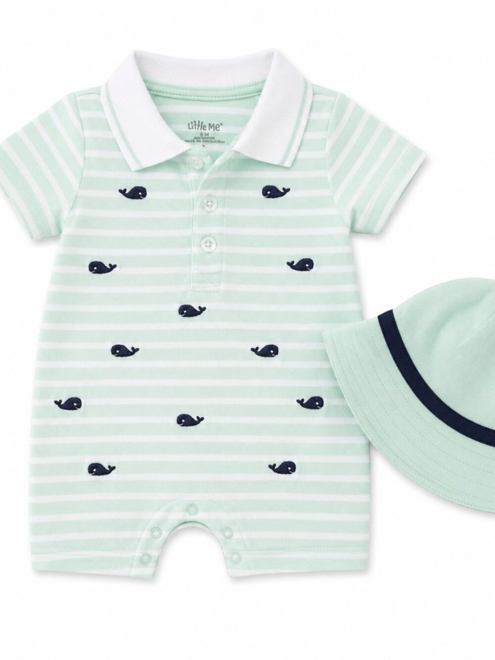 NWT Little Me Whale Romper & Matching Hat Set Size 6 Months Baby Boy Mint Green
